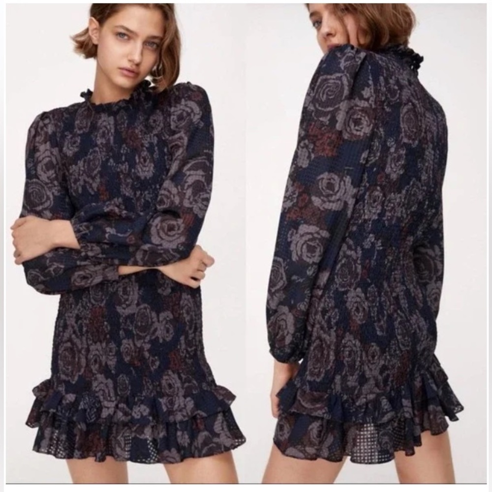 Zara puff sleeves Smocked Floral Print Ruffled Hem Mini Dress sz.XS - Picture 3 of 16